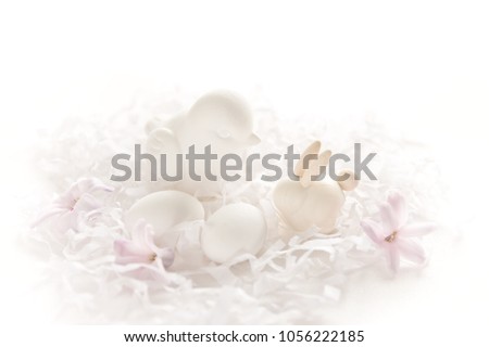 Easter  card with bird, eggs, rabbit, hyacinth flowers in pastel colors