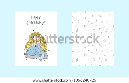 Hand drawn vector illustration with little mermaid cute print