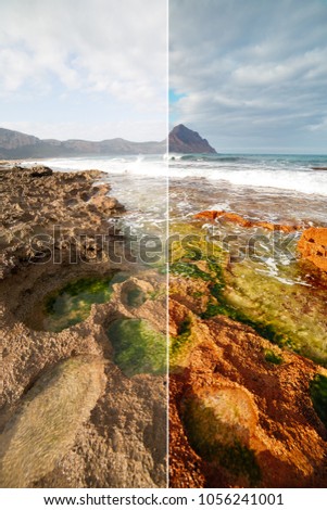 The unique shape of the volcanic beach. Location cape San Vito, Monte Cofano Sicilia, Italy Europe. Beauty of earth. Images before and after. Original or retouch, example of photo editing process.
