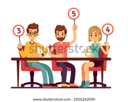 Jury judges holding scorecards. Quiz people show competition vector concept. Jury group committee, holding scorecard with number illustration Royalty-Free Stock Photo #1056262040