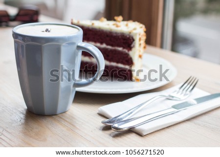 lavender latte and red velvet cake