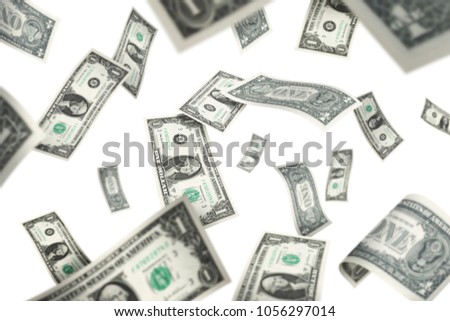 Flying 1 American dollar banknotes, isolated on white background