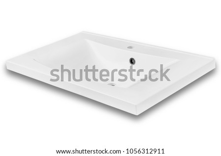White rectangular modern washbasin in the bathroom of an artificial stone isolated on a white background