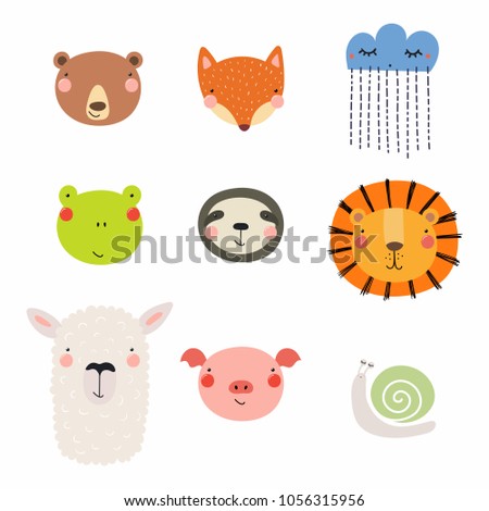 Set of cute funny hand drawn different animal faces, snail, cloud with rain. Isolated objects. Vector illustration. Scandinavian style flat design. Concept for children print.
