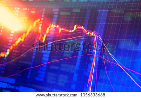 Double exposure Technical candlestick price chart showing up and down trend, volatility, panic sell, red selling stock ticker trading data on computer screen background  Financial business concept Royalty-Free Stock Photo #1056333668