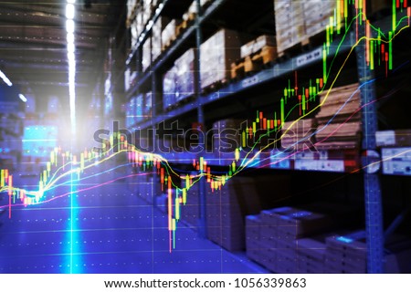 Double exposure of stock inventory shelf, modern logistics warehouse and technical price chart. For wholesale distributor, commercial business or logistics background concept. Royalty-Free Stock Photo #1056339863