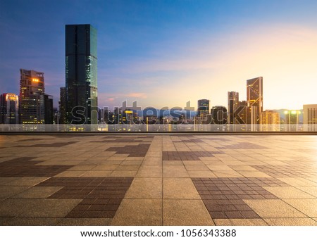 Balcony empty brick platform with sunrise scene city skyline