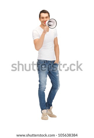 bright picture of handsome man with megaphone. .