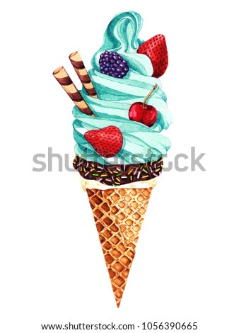 Handdrawn watercolor blue ice cream in waffle cone with berries. Illustration on isolated white background