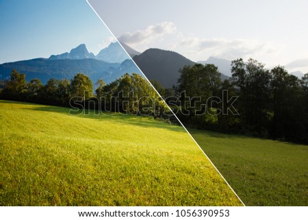 Scenic surroundings near the Konigsee lake. Location Berchtesgaden land Bavaria, Germany alp, Europe. Beauty of earth. Images before and after. Original or retouch, example of photo editing process.