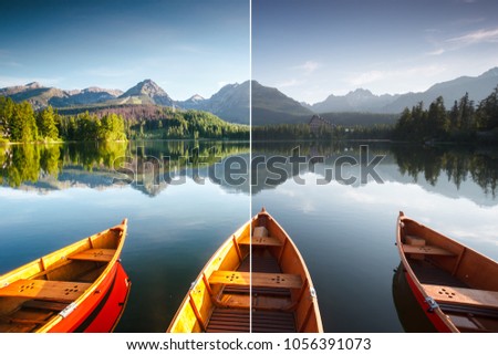 Stunning lake in National Park High Tatra. Location place Strbske pleso, Slovakia, Europe. Images before and after. Original or retouch, example of photo editing process. Discover the beauty of earth.