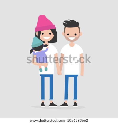 Young modern family: two parents and their baby. Millennials. Young adults. Lifestyle / flat editable vector illustration, clip art