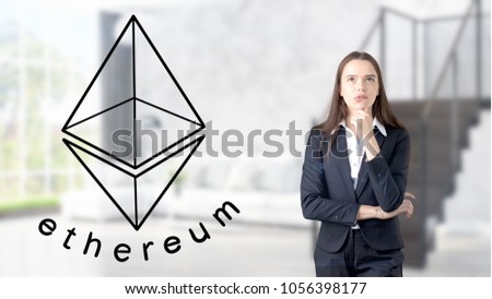 Ethereum sketch with young businesswoman in a suit with longhair and pretty thoughtful face. Criptocurrency concept.