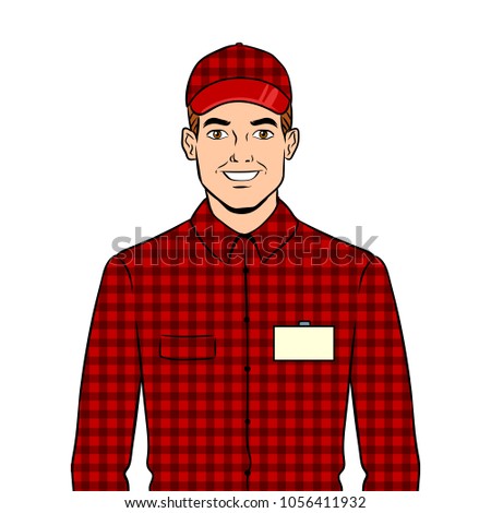 Seller guy in uniform pop art retro vector illustration. Isolated image on white background. Comic book style imitation.