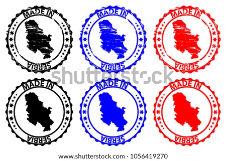 Made in Serbia - rubber stamp - vector, Serbia map pattern - black, blue and red