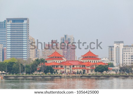 View of Kaohsiung cityscape with beautiful chinese decoration background