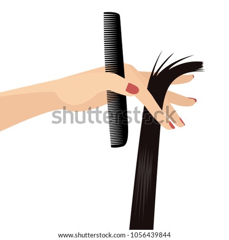 Elegant Woman Hand Holding Comb and Lock of Black Hair Hairdresser Beauty Salon Flat Vector Illustration Isolated on White