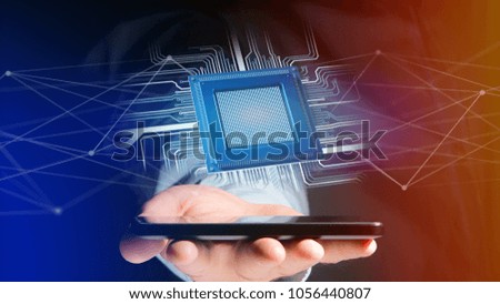 View of a Businessman using a smartphone with a Processor chip and network connection - 3d render