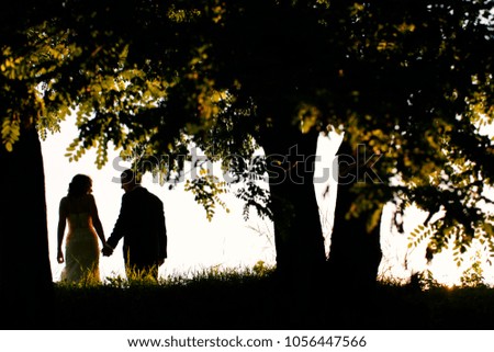Sillhouette of groom and bride in park