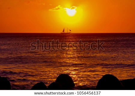 bright and colorful sunset on the Caribbean beach in Aruba island in winter with people on the white beach and palm trees