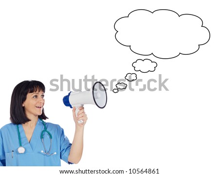 Woman doctor with megaphone a over white background