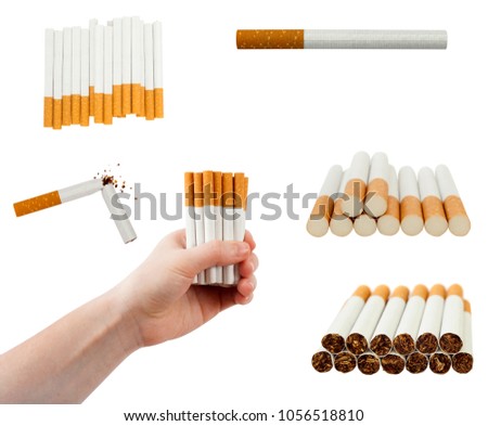 set of cigarette in hand and pile isolated on white