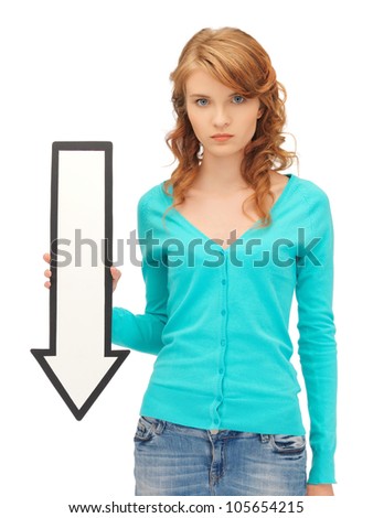 picture of attractive teenage girl with direction arrow sign