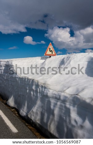 Aurlandsfjellet National Tourist Route, road sign, dangerous turn, Norway 