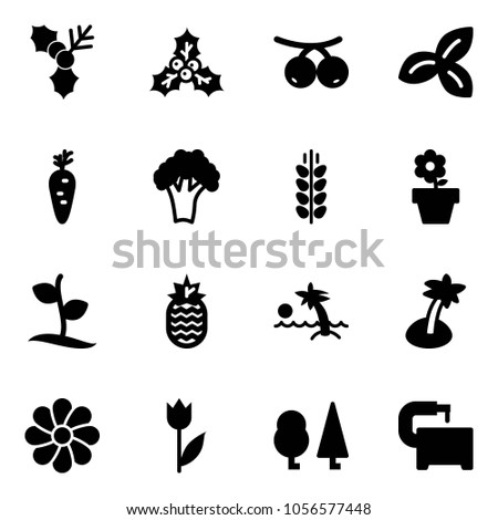 Solid vector icon set - holly vector, rowanberry, three leafs, carrot, broccoli, spica, flower pot, sproute, pineapple, palm, tulip, forest, machine tool