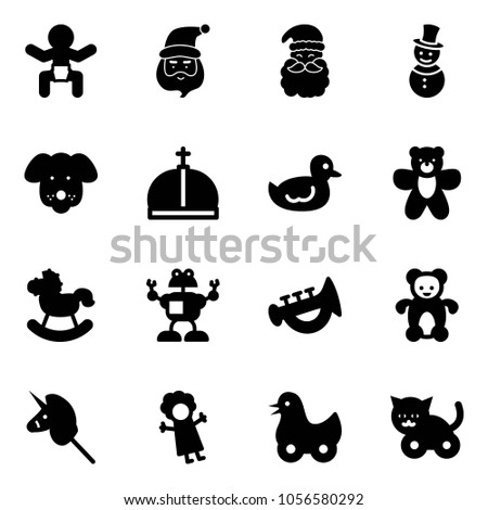 Solid vector icon set - baby vector, santa claus, snowman, dog, crown, duck toy, bear, rocking horse, robot, horn, unicorn stick, doll, cat