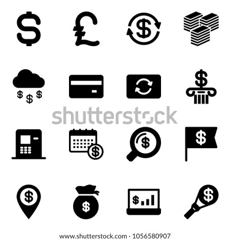 Solid vector icon set - dollar sign vector, pound, exchange, big cash, money rain, credit card, bank, atm, calendar, search, flag, pin, bag, account statistics, torch