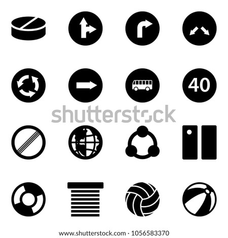 Solid vector icon set - pill vector, only forward right road sign, detour, circle, bus, minimal speed limit, no, globe, social, pause, chart, jalousie, volleyball, beach ball