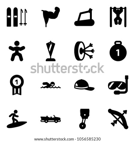 Solid vector icon set - ski vector, power hand, treadmill, pull ups, gymnastics, pennant, solution, gold medal, swimming, cap, diving, surfing, cabrio, piston, bow