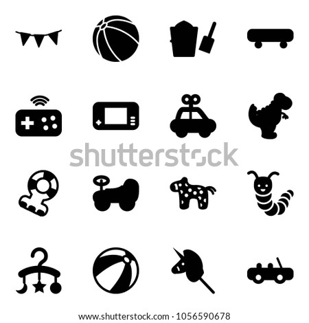 Solid vector icon set - flag garland vector, ball, bucket scoop, skateboard, joystick wireless, game console, car toy, dinosaur, teethers, baby, horse, caterpillar, carousel, beach, unicorn stick