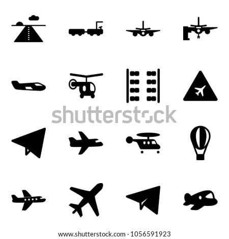 Solid vector icon set - runway vector, baggage truck, plane, boarding passengers, small, helicopter, seats, airport road sign, paper fly, air balloon, toy