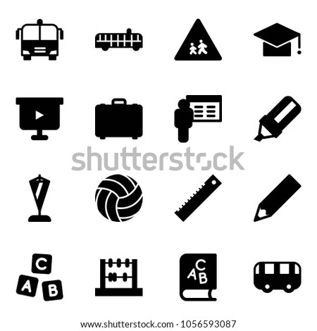 Solid vector icon set - airport bus vector, children road sign, graduate hat, presentation board, case, highlight marker, pennant, volleyball, ruler, pencil, abc cube, abacus, book, toy