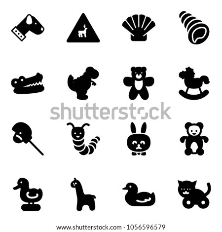 Solid vector icon set - dog vector, wild animals road sign, shell, crocodile, dinosaur toy, bear, rocking horse, stick, caterpillar, rabbit, duck, giraffe, cat