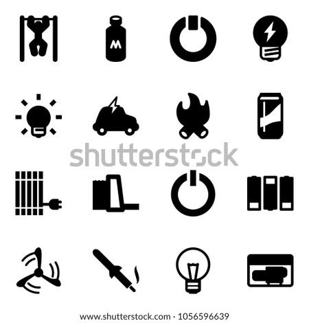 Solid vector icon set - pull ups vector, milk, standby, idea, bulb, electric car, fire, drink, sun panel, water power plant, button, battery, wind mill, soldering iron, generator