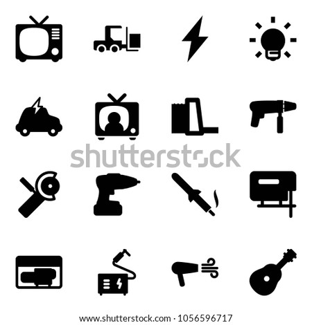 Solid vector icon set - tv vector, fork loader, lightning, bulb, electric car, news, water power plant, drill machine, Angular grinder, soldering iron, jig saw, generator, welding, dryer, guitar