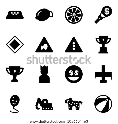 Solid vector icon set - taxi vector, lemon, slice, money torch, main road sign, tractor way, traffic light, win cup, gold, king, smile, milling cutter, balloon, excavator toy, horse, beach ball