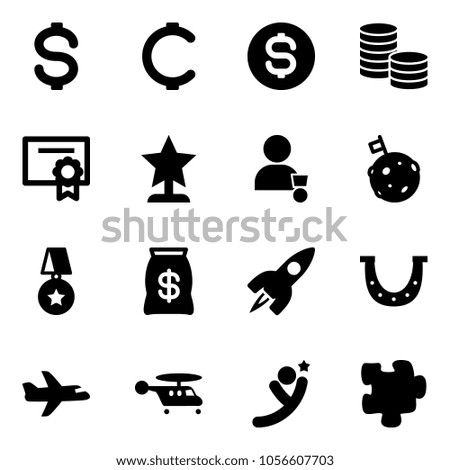 Solid vector icon set - dollar vector, cent, coin, certificate, award, winner, moon flag, star medal, money bag, rocket, luck, plane, helicopter, flying man, puzzle