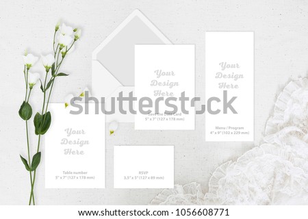 Wedding greeting invite card blank set.
Gentle mockup template with eustoma flower and lace