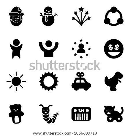 Solid vector icon set - santa claus vector, snowman, firework, community, success, star man, money smile, sun, car toy, dinosaur, bear, caterpillar, piano, cat