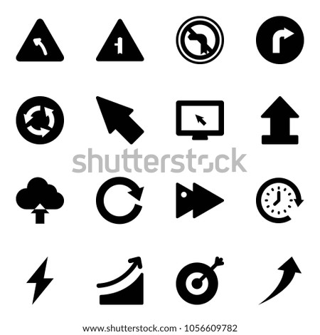 Solid vector icon set - turn left vector road sign, intersection, no, only right, circle, cursor, monitor, upload, upload cloud, reload, fast forward, clock around, lightning, rise, target, growth