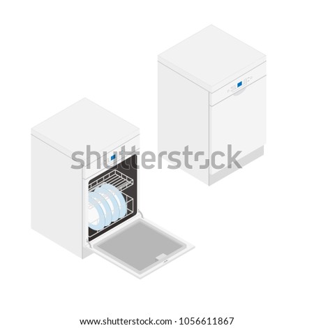 Vector isometric modern dishwasher isolated on white background. Open and closed dishwasher with clean dishes