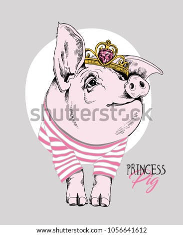 Pig in a pink striped cardigan and with a Princess Crown. Vector illustration.