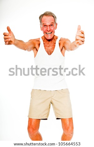 Expressive good looking senior man casual  summer dressed against white wall. Happy, funny and characteristic. Isolated. Studio shot.
