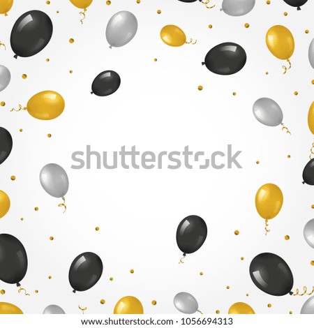 White background with realistic helium balloons, golden glitter, and streamers. Used clipping mask.