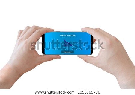 Man holding smart phone rotated with application interface on screen. White background