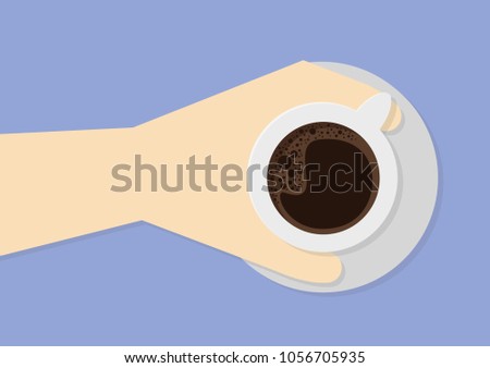 Hand holding hot coffee cup on plate, person drinks coffee, break morning time banner concept, flat cartoon design vector illustration isolated on a blue background